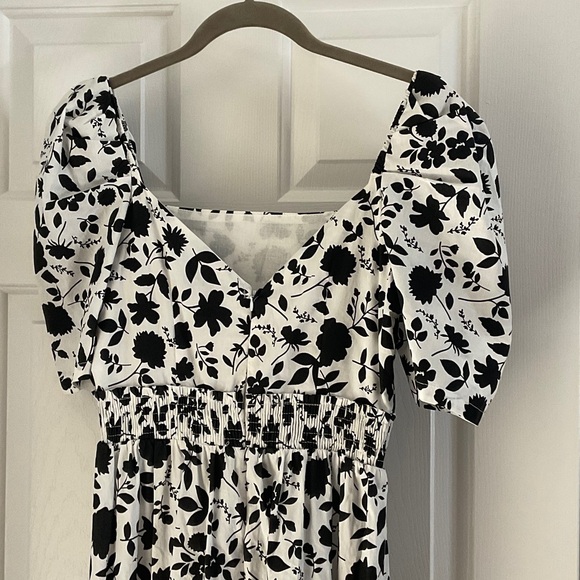 Aqua Black and White Floral Tiered Maxi Dress with Smocked Waist - Picture 5 of 6